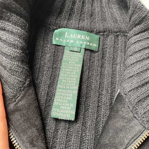 LRL LAUREN Ralph Lauren Black Suede Zip Front Merino Wool Ribbed Sweater Back Ve - Picture 4 of 7